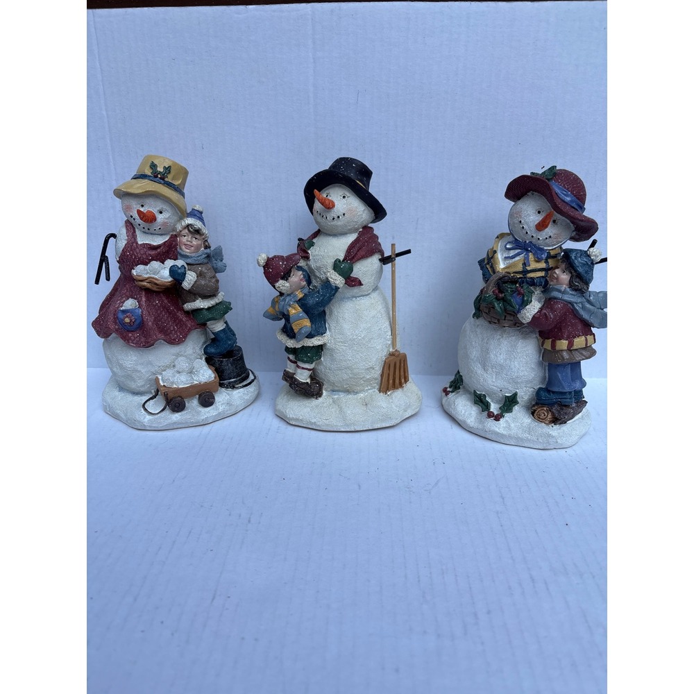 Set of 3 Snowman Figurines with Children Christmas Holiday Winter‎ Decor
